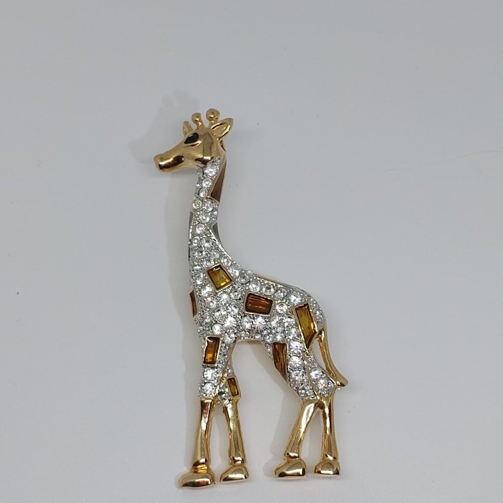 Vintage Pave Enamel Crystal Giraffe Brooch by Roman